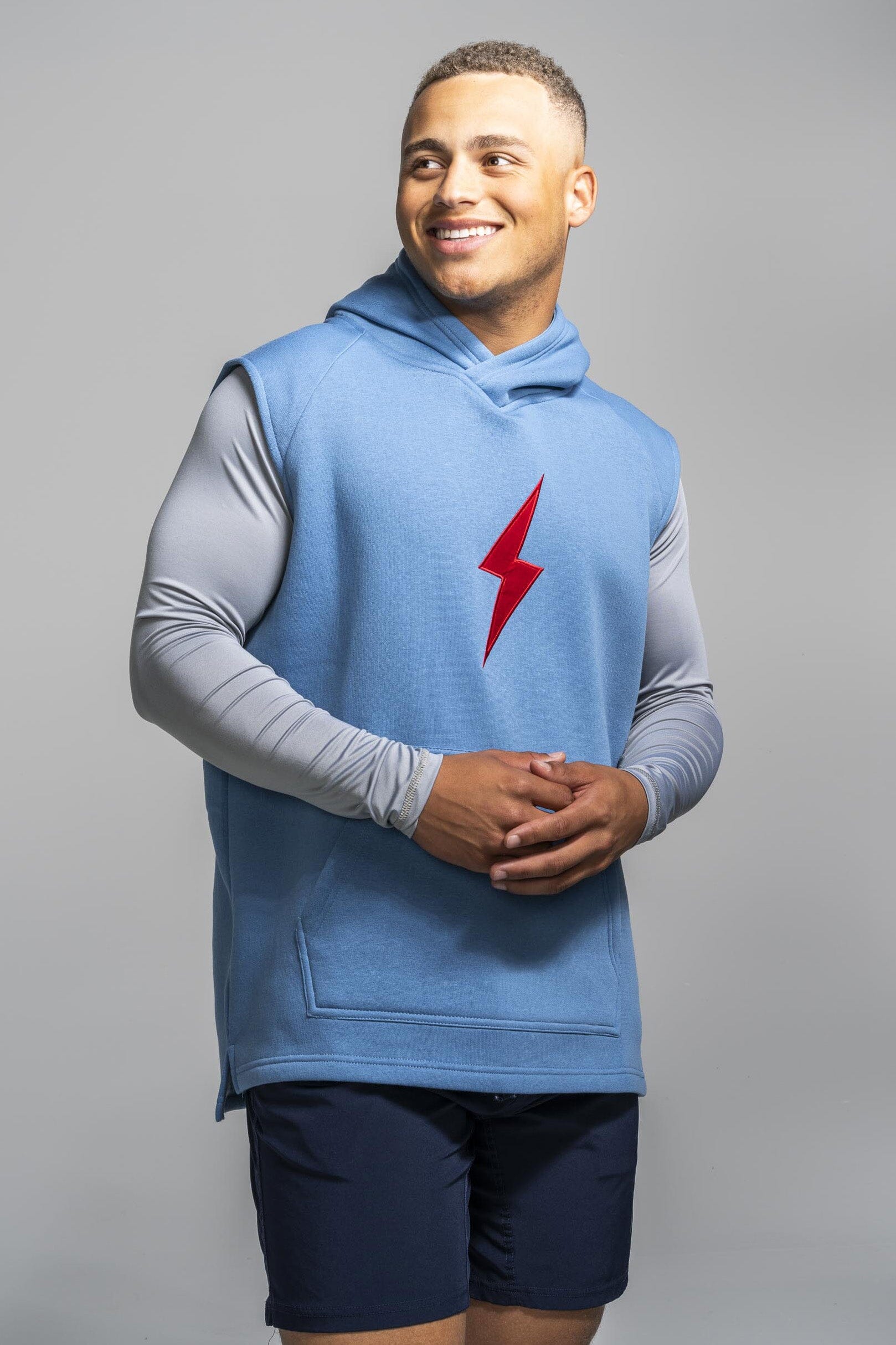 BOLT Sleeveless Hoodie - Baby Blue/Red Bolt- quickbuy