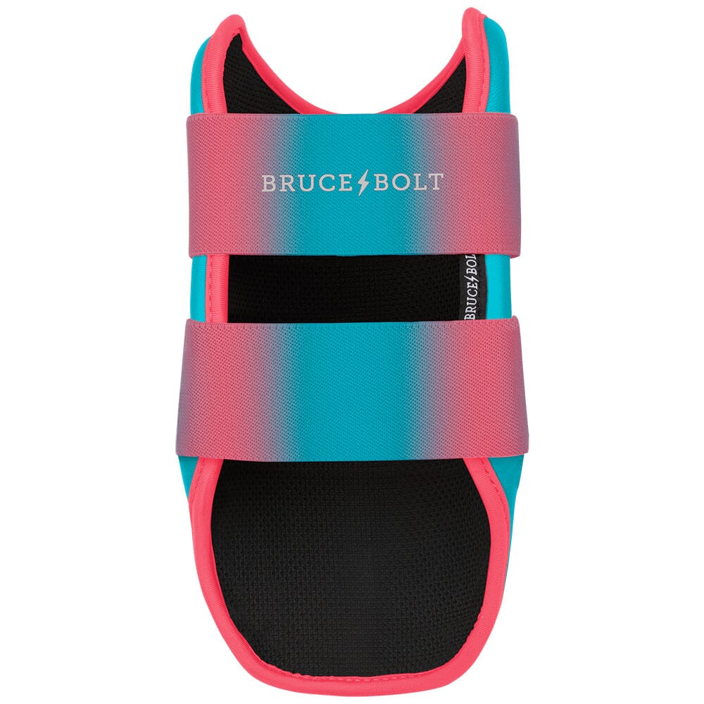 Bruce Bolt elbow guard in pink and blue with two straps and white branding.