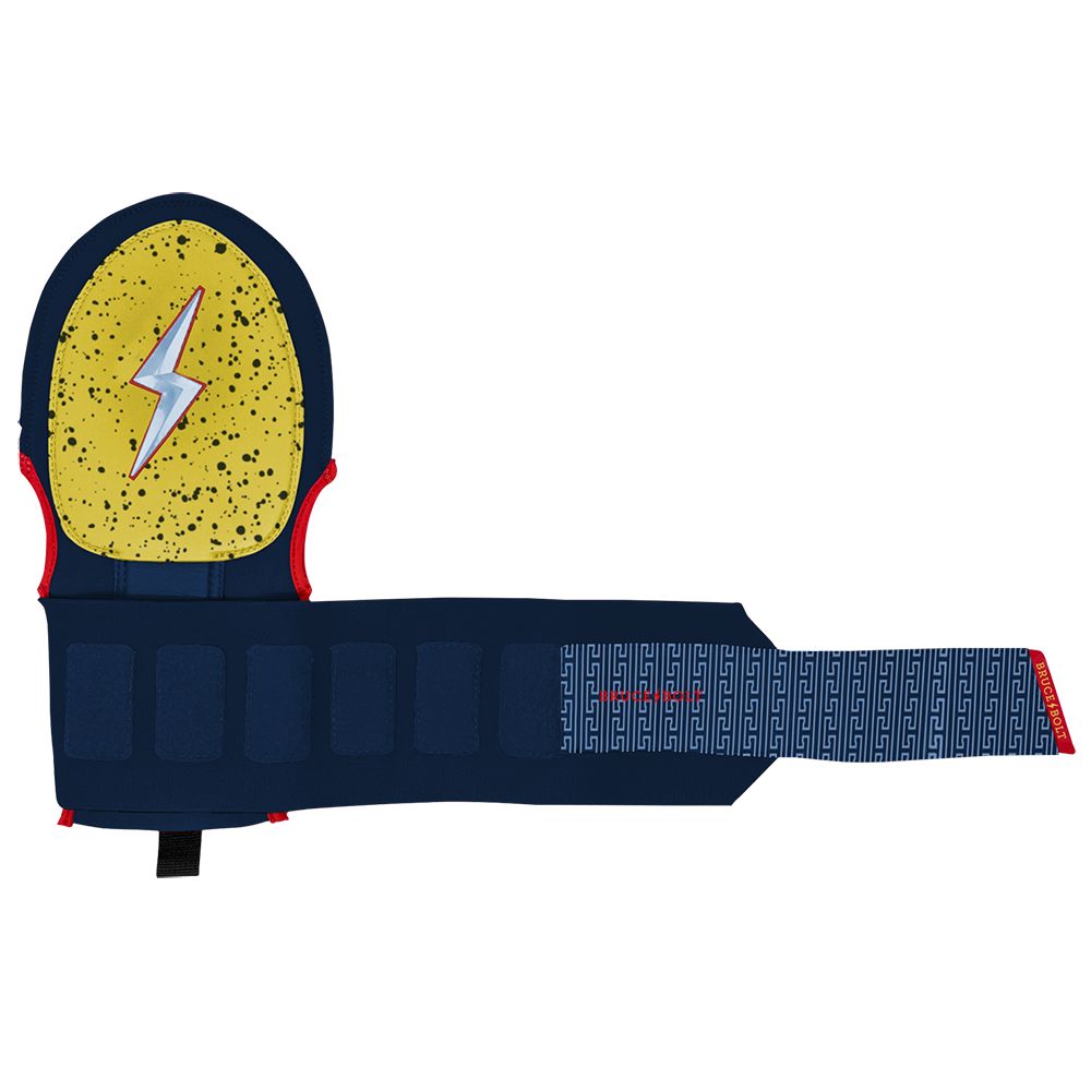 Bruce Bolt navy blue and yellow sliding mitt with a lightning bolt graphic.