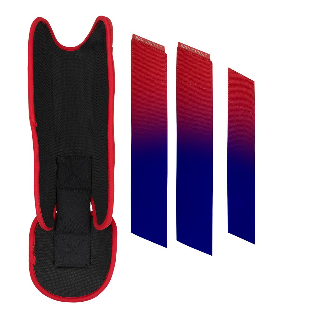 Black and red leg guard with three matching gradient straps.
