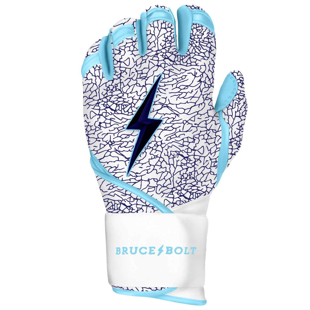 White and blue elephant print batting glove with a black lightning bolt logo and Bruce Bolt branding on the wristband