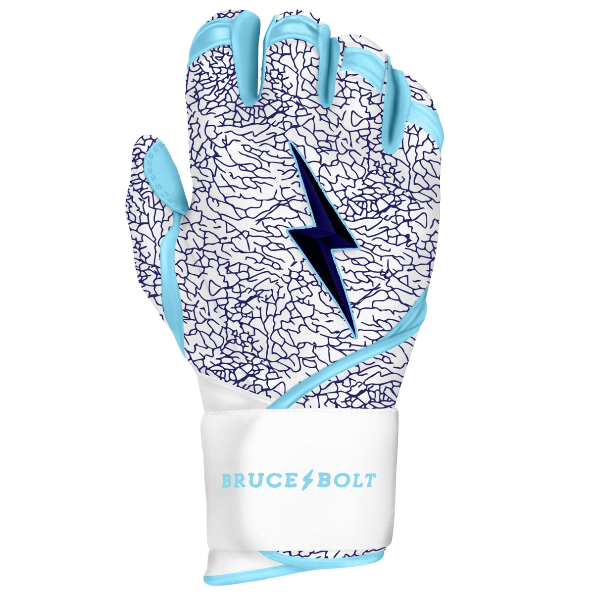 White and blue batting glove featuring an elephant print pattern, a dark lightning bolt logo, and a wide wrist strap.