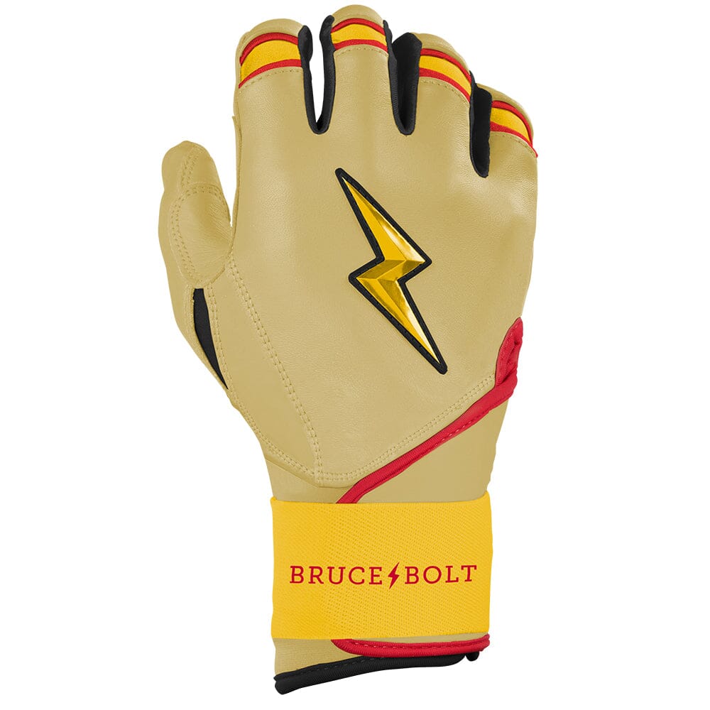 Ivory long cuff batting glove with a yellow lightning bolt logo and Bruce Bolt branding on the wristband.