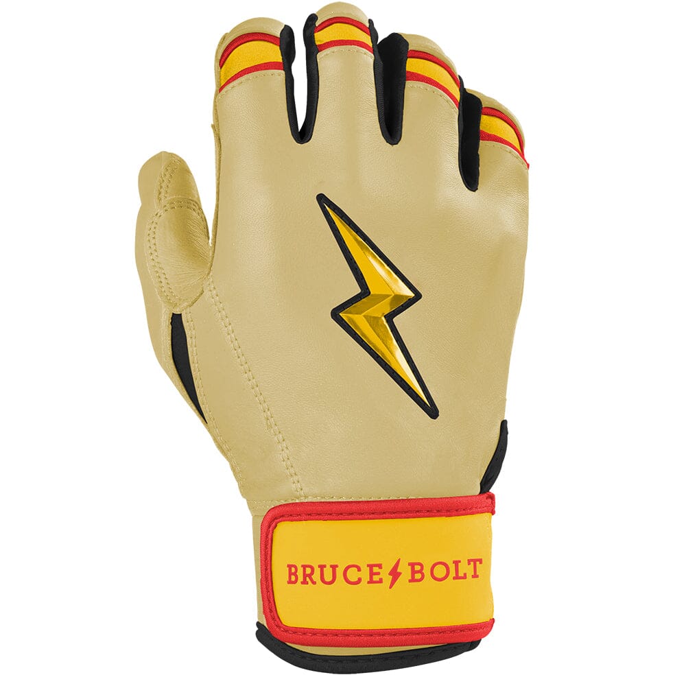 Ivory batting glove with a gold lightning bolt emblem and a yellow and red wrist strap.