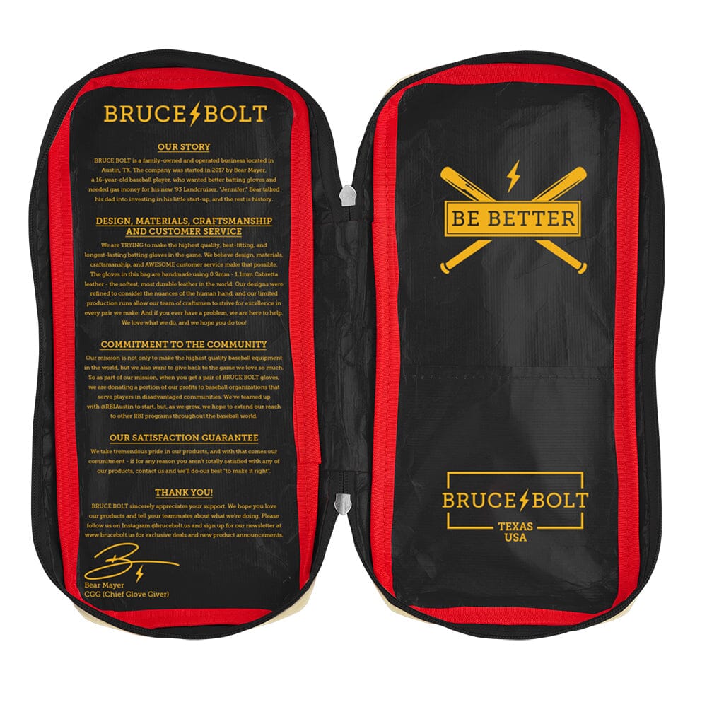 Open black and red Bruce Bolt packaging displaying brand story and logo text inside.