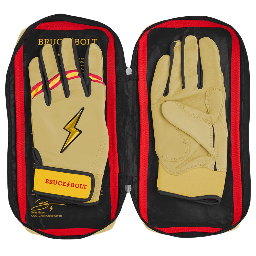 Pair of ivory batting gloves inside an open case with red and black trim.