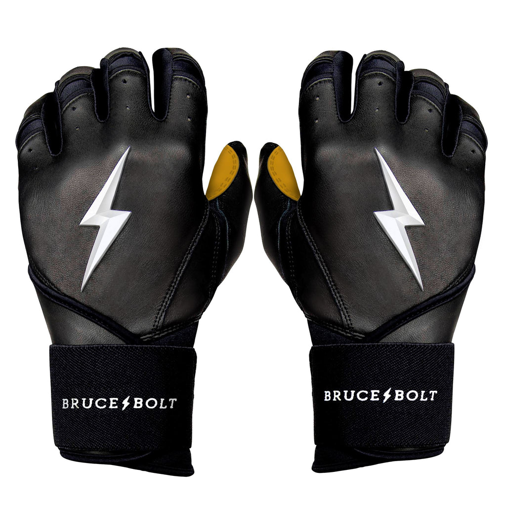 Best Baseball Batting Gloves. BRUCE BOLT Premium Pro BLACK Batting Gloves with GOLD PALM used by MLB players like Stephen Brault, Harrison Bader, Lewis Brinson, Andy Young, Brandon Nimmo, Brian O’Grady, Alan Trejo, Nick Heath, Trey Hillman and Tanner Carson Raised_In_Baseball.  They are Cabretta leather batting gloves. Batting gloves with the BOLT on them. These are the batting gloves that were featured in the My Hustle video on YouTube about Bear Mayer and BRUCE BOLT.