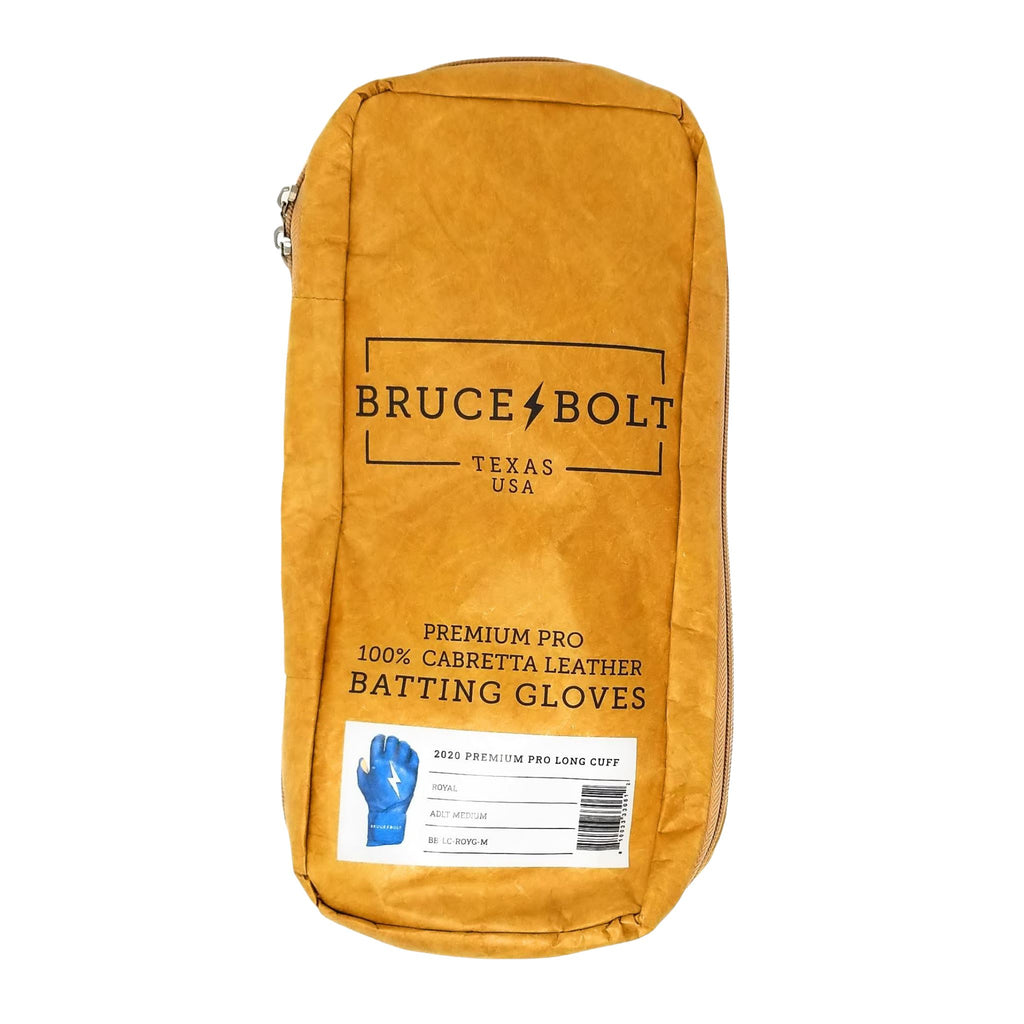 BRUCE BOLT Long Cuff Royal 2021 PREMIUM PRO GLOVE BAG. This is a batting glove bag made specifically for carrying BRUCE BOLT batting gloves.  The glove is kraft or tan color with black text and a black lightning bolt.  This bag has BRUCE BOLT Stickers and a Helmet Sticker inside. 