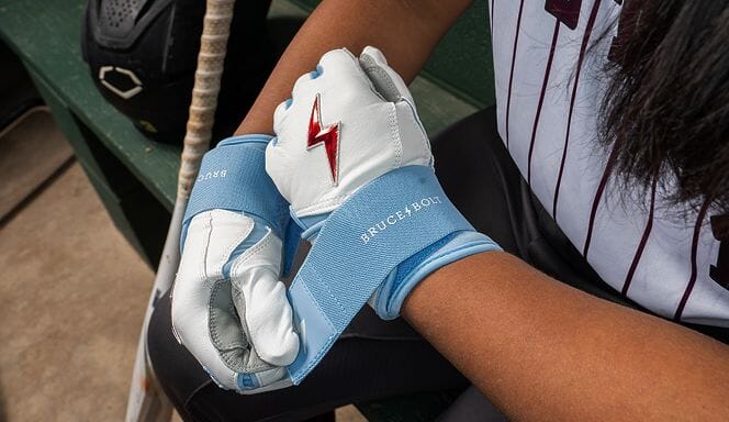 Up close shot of Bruce Bolt Batting gloves. 