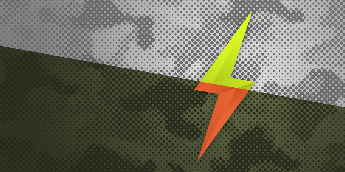 Green and orange lightning bolt graphic against a gray and olive green camo background with a halftone dot pattern