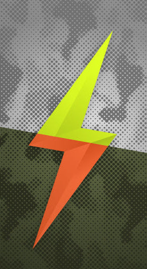 Green and orange lightning bolt graphic against a gray and olive green camo background with a halftone dot pattern
