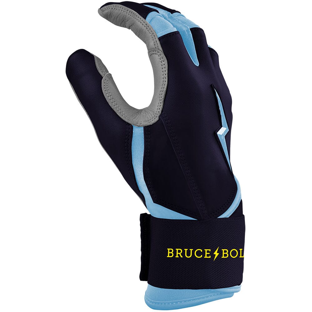 Black and light blue long-cuff batting glove with grey palm and Bruce Bolt logo.