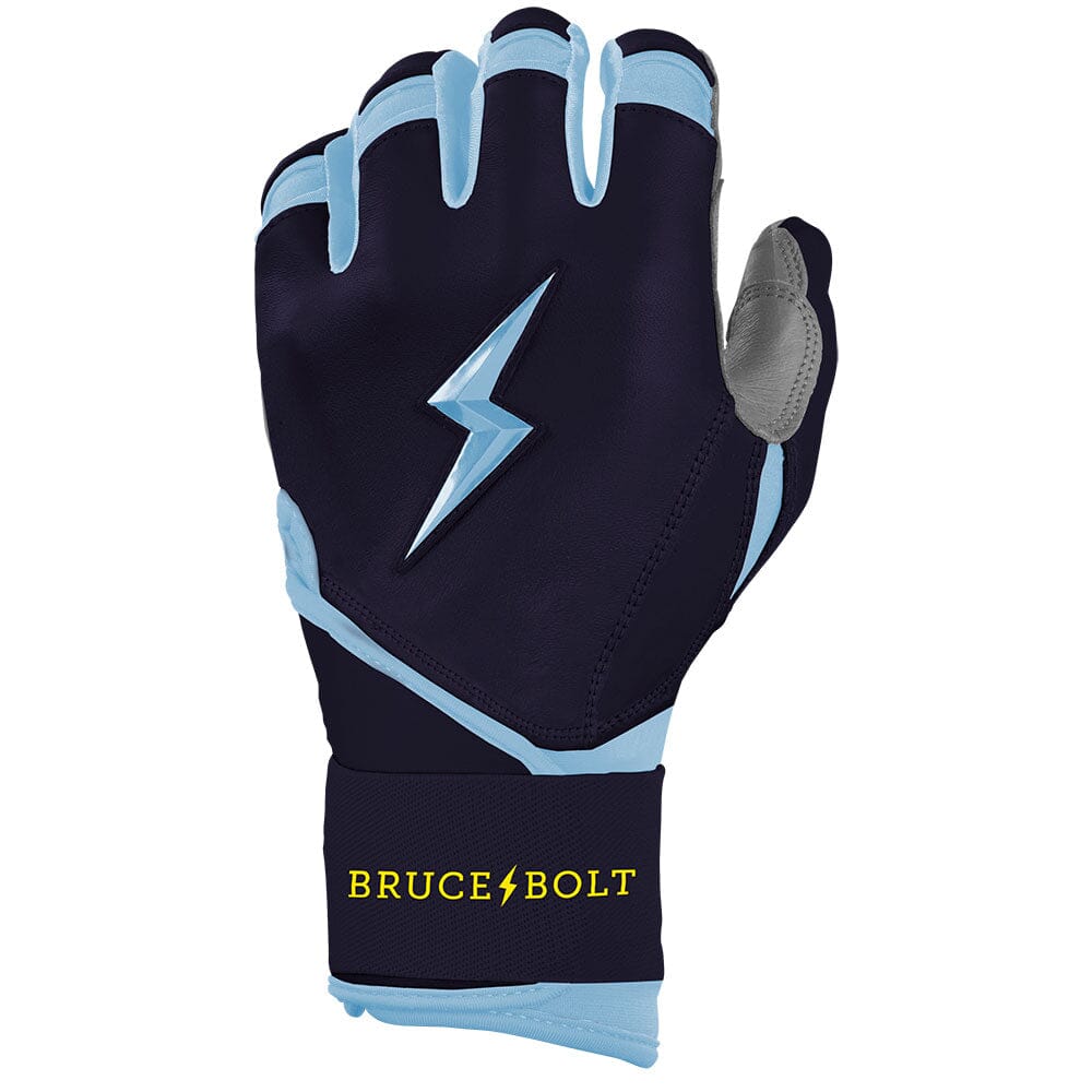 Navy and light blue long cuff batting glove with a lightning bolt logo on the backhand.