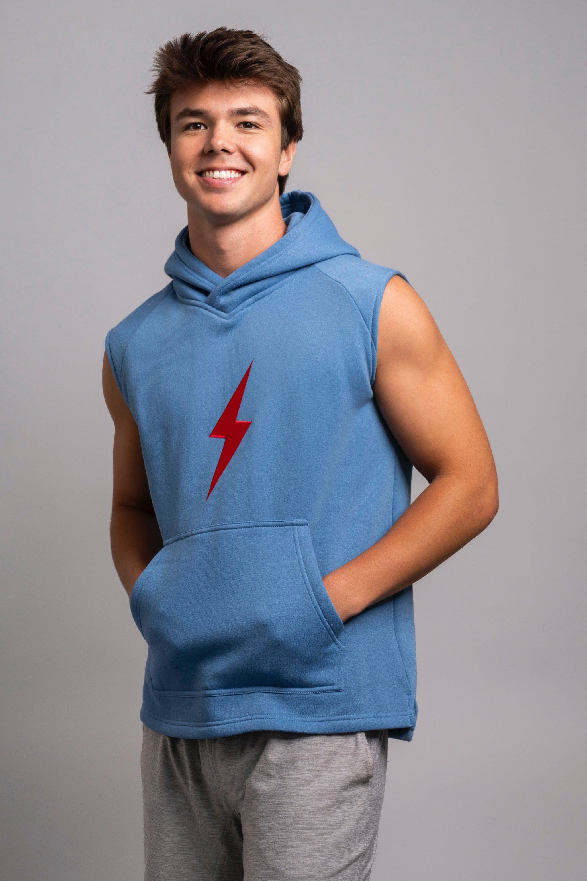 BRUCE BOLT "BOLT" Sleeveless Hoodie - BABY BLUE w/ Red Bolt- thumb 3