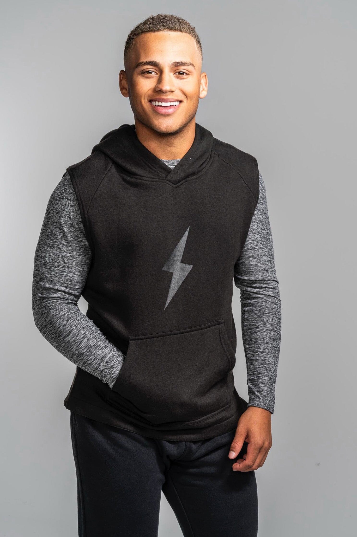 BRUCE BOLT "BOLT" Sleeveless Hoodie - BLACK w/ Black Bolt- thumb 1