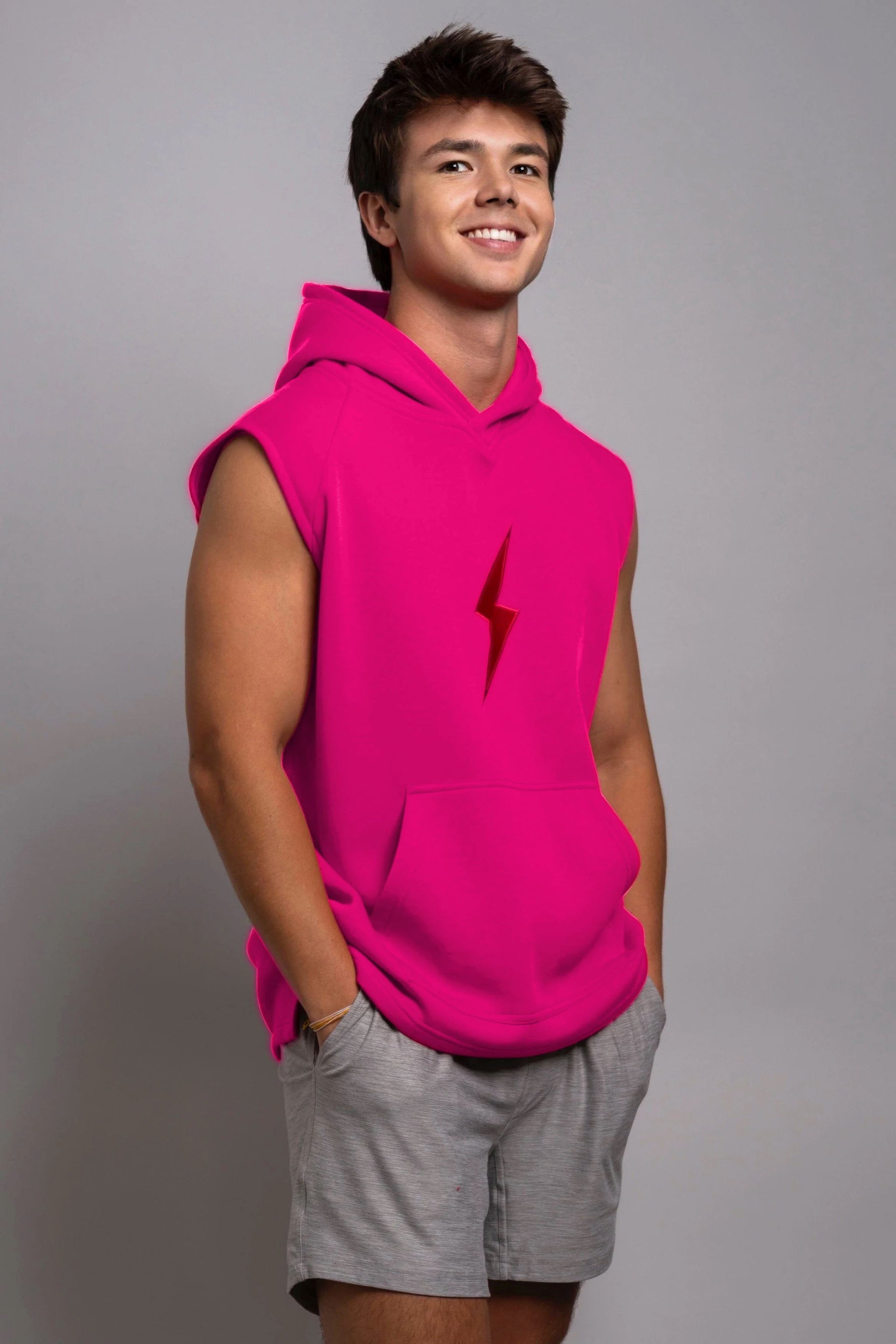 BRUCE BOLT "BOLT" Sleeveless Hoodie - PINK w/ Red Bolt- quickbuy