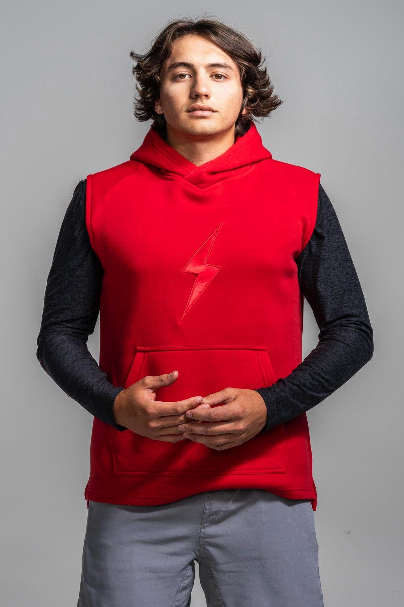 BRUCE BOLT "BOLT" Sleeveless Hoodie - RED w/ Red Bolt- thumb 1