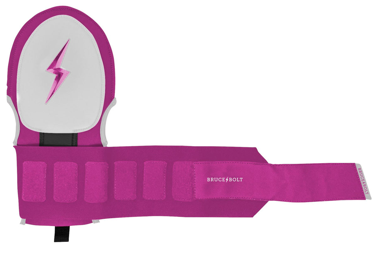 Pink and white Bruce Bolt sliding mitt featuring a chrome pink lightning bolt logo and a wrist strap.