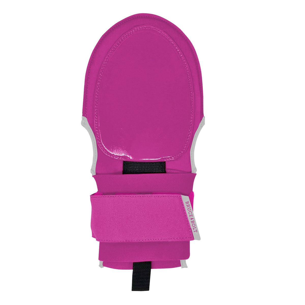 Pink sliding mitt with a shiny protective top plate and a Velcro wrist strap.