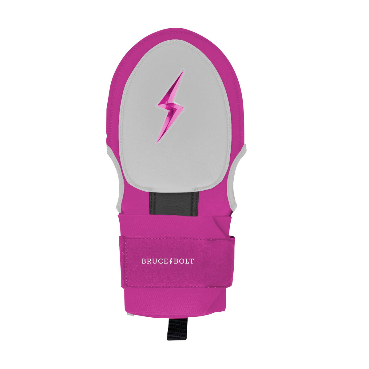 Pink and grey sliding mitt featuring a metallic pink lightning bolt logo and a velcro wrist strap with Bruce Bolt branding.