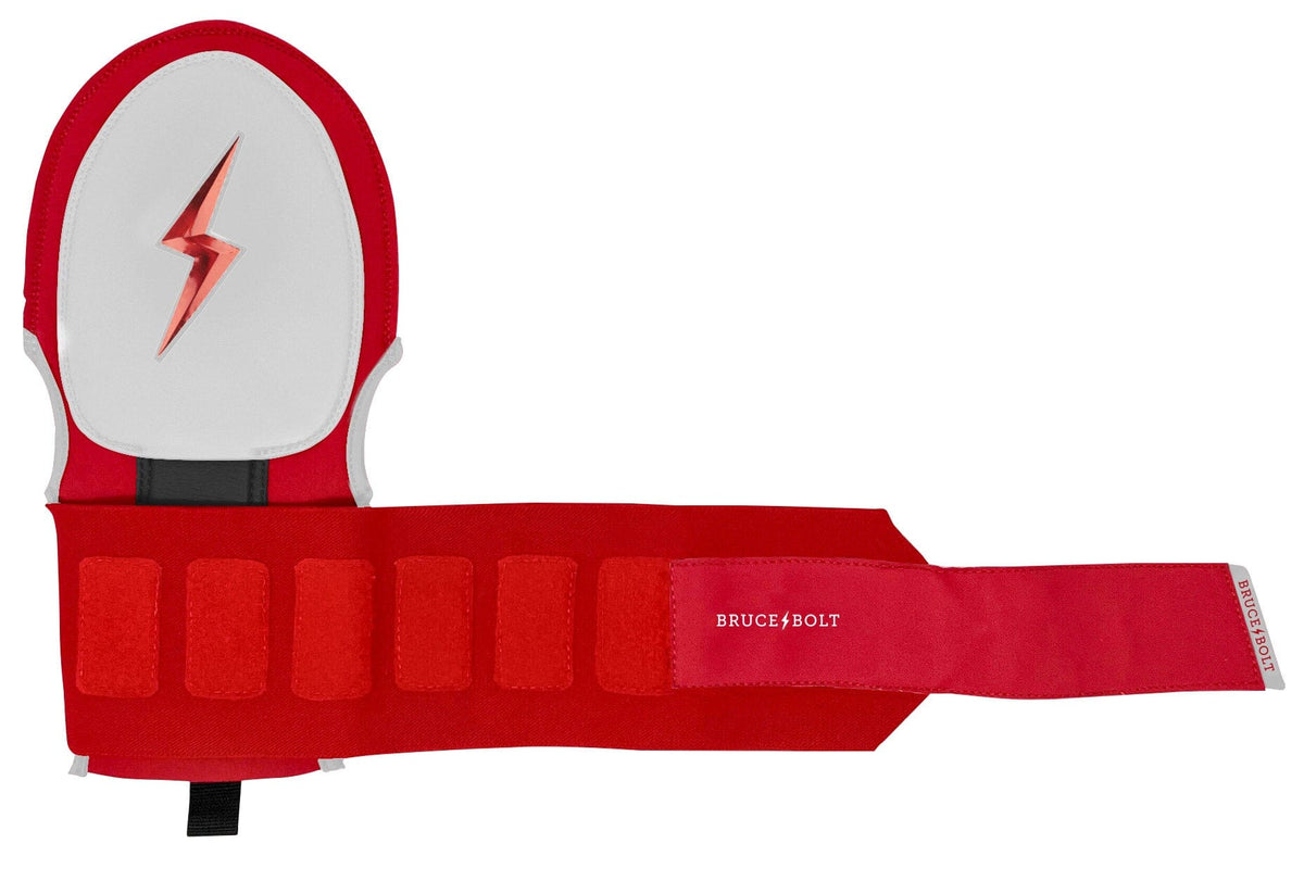 Red and white adult sliding mitt with a metallic red lightning bolt logo and a wrist strap.