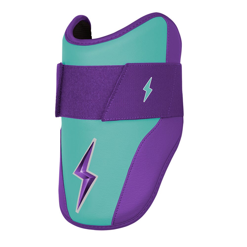 Teal and purple elbow guard with a Velcro strap and lightning bolt logo.