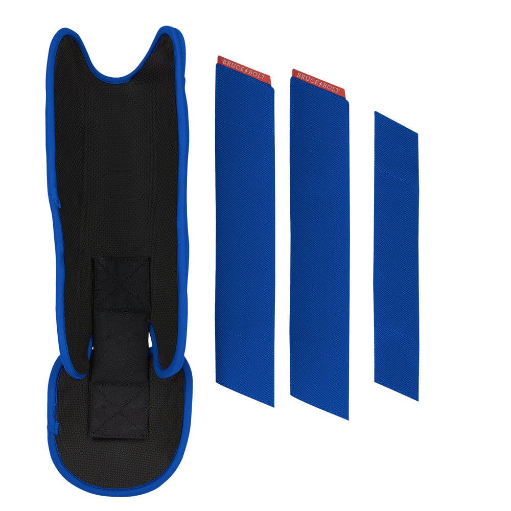 Blue and black leg guard with three matching blue straps featuring Bruce Bolt branding.