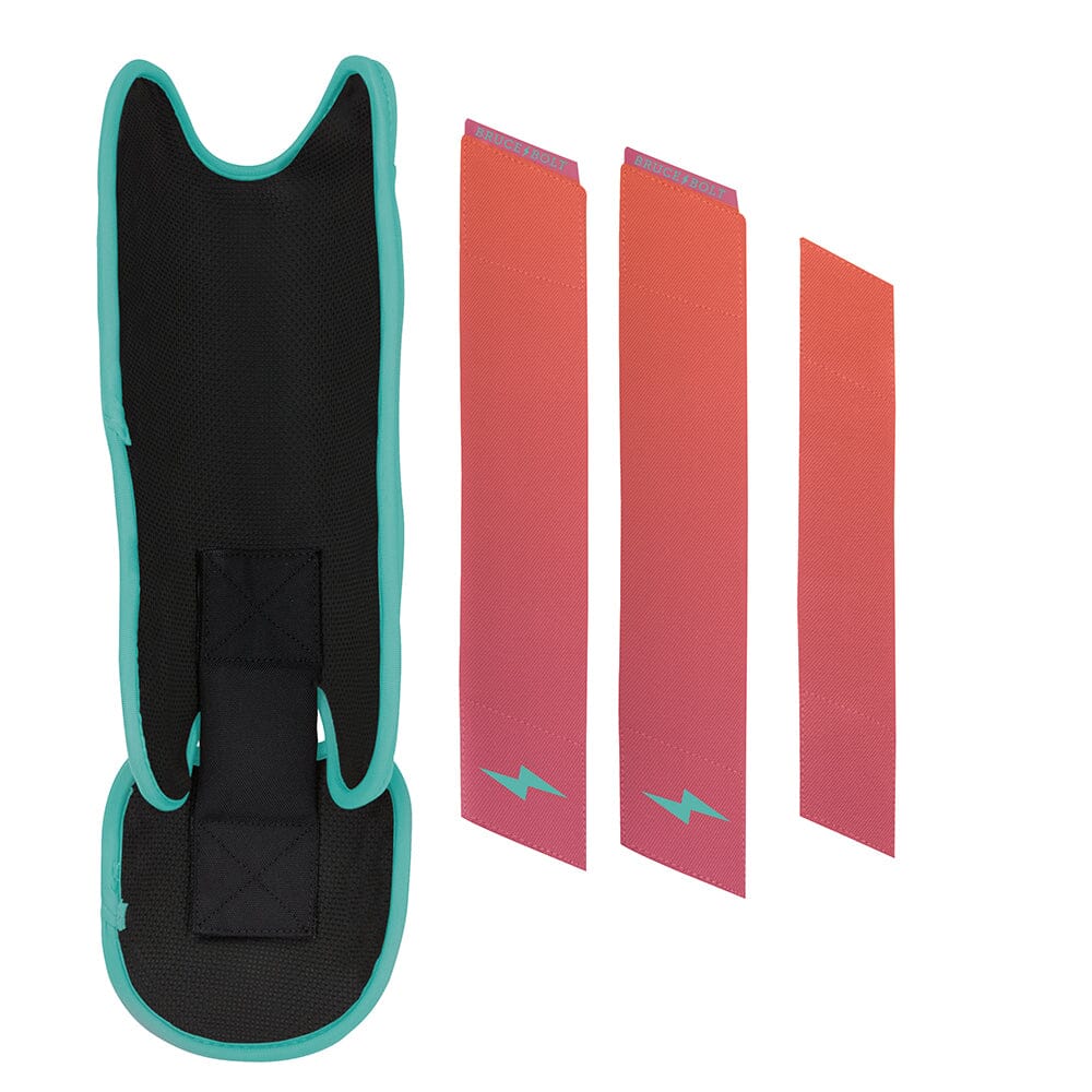 Black and teal leg guard with three sunrise-gradient straps featuring a lightning bolt logo.