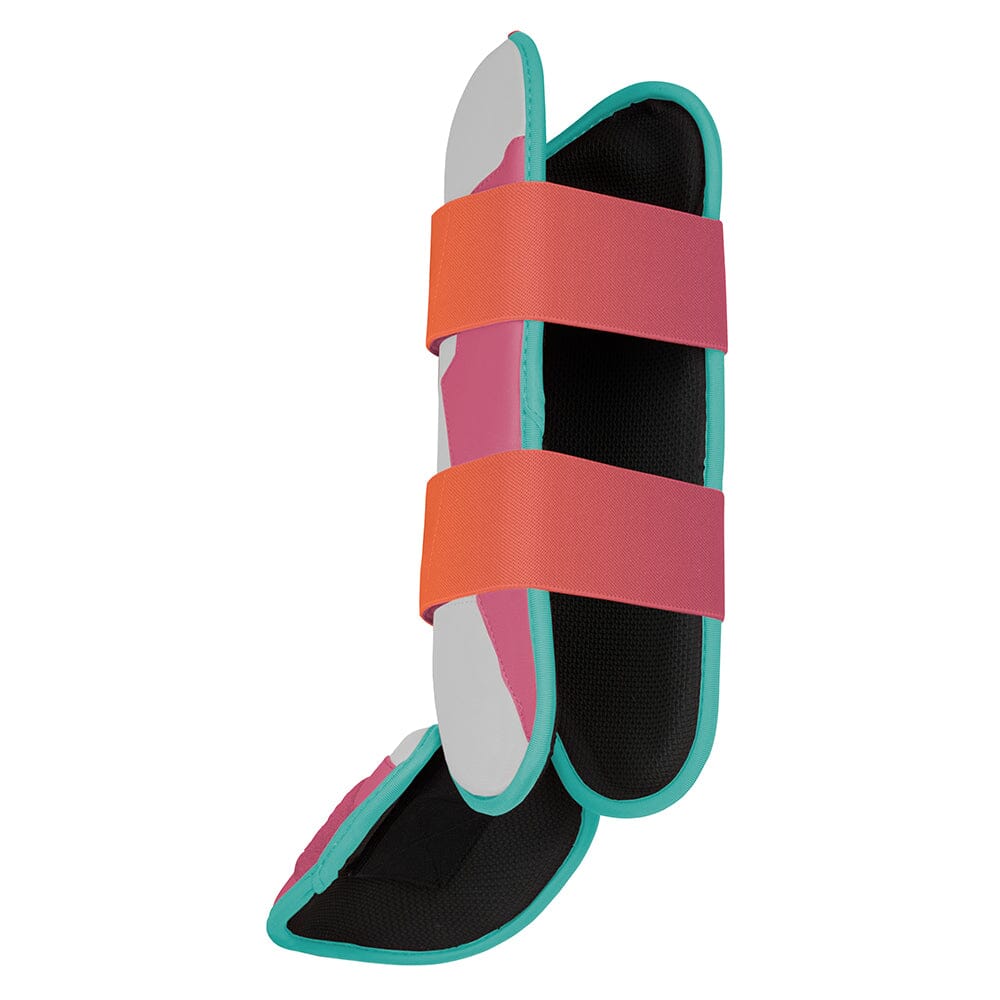 Bruce Bolt Creator Series leg guard in sunrise with pink, orange, white, and teal accents.