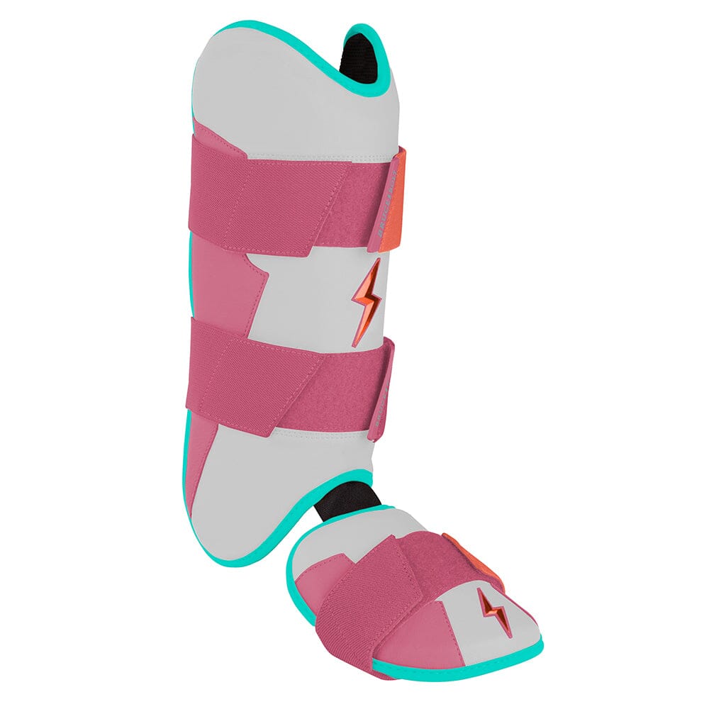Bruce Bolt Creator Series leg and ankle guard in white, pink, and turquoise with orange lightning bolt logos