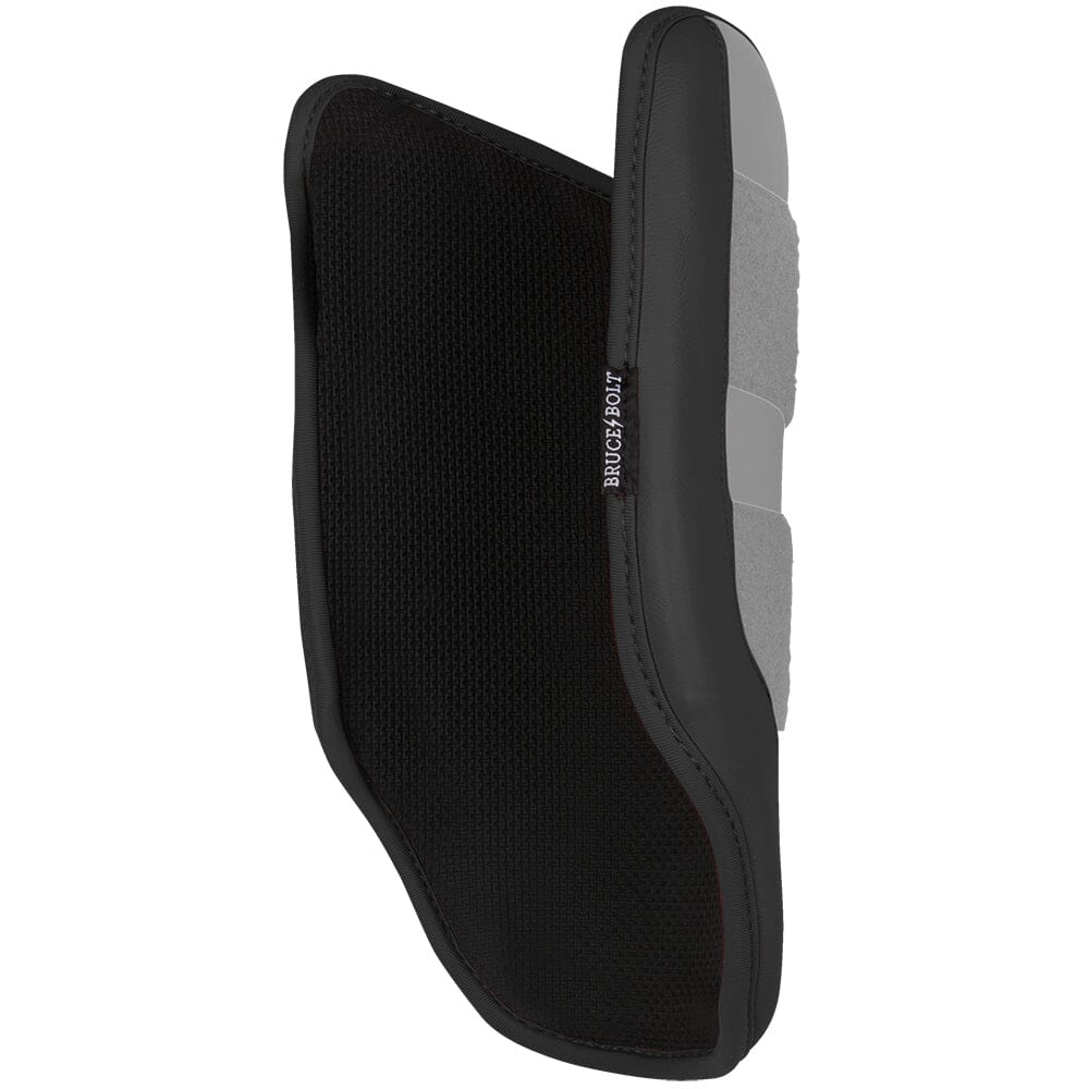 Charcoal and grey baseball elbow guard with Bruce Bolt logo on black mesh fabric.