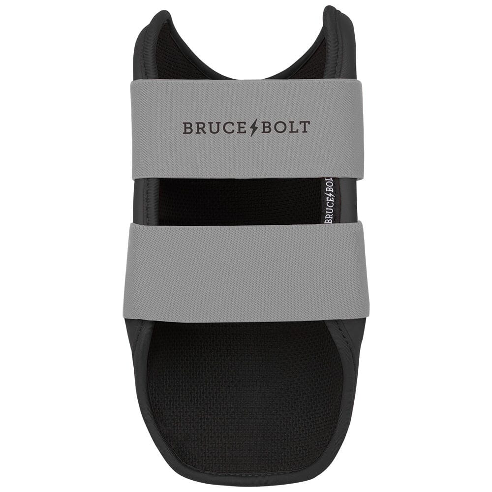 Charcoal grey and black Bruce Bolt elbow guard with two wide elastic straps.