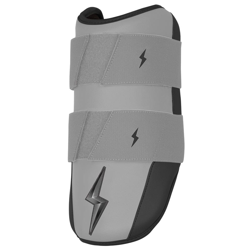 Charcoal grey and black elbow guard with two straps and lightning bolt logos