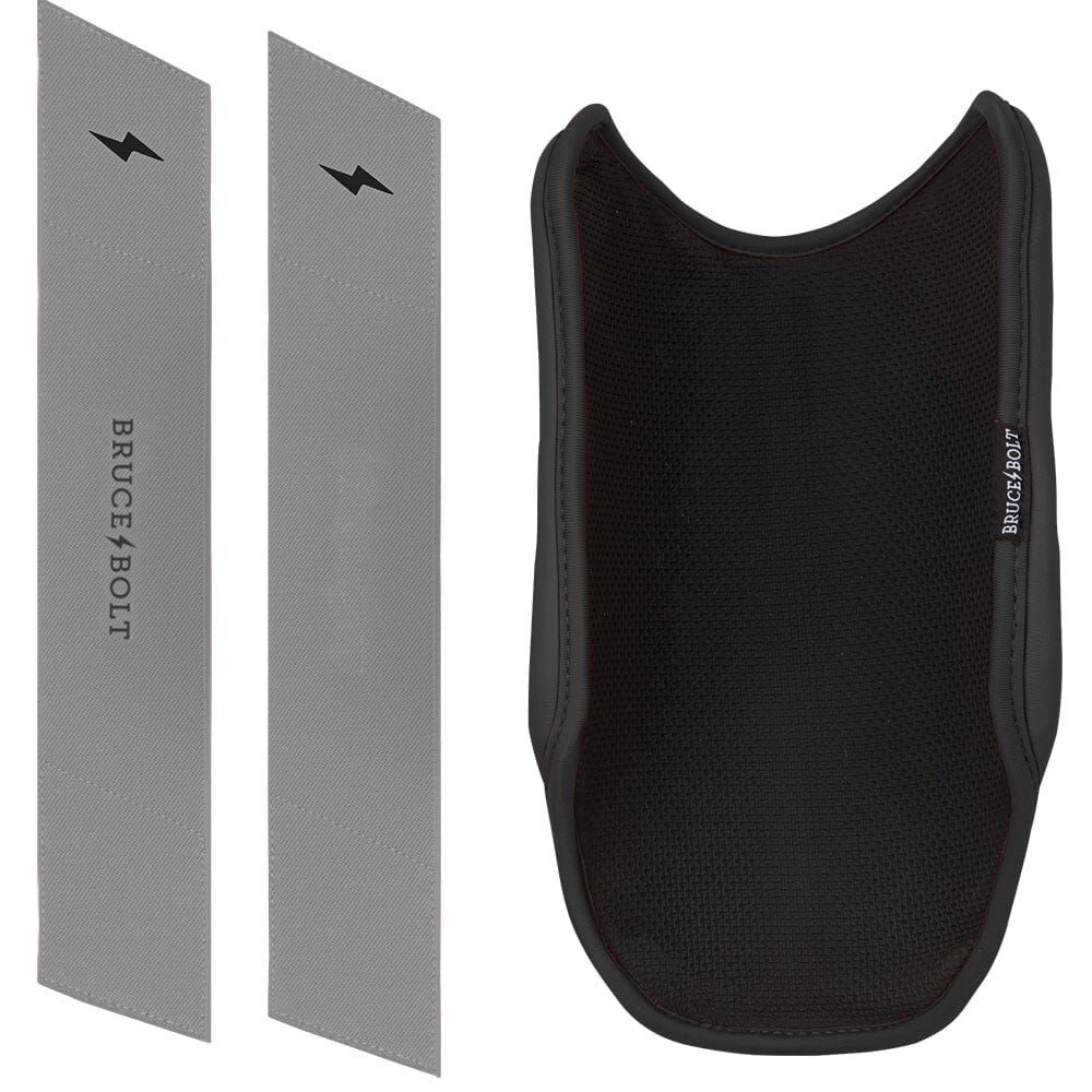 Charcoal grey elbow guard with two matching straps featuring black lightning bolt logos and Bruce Bolt branding.
