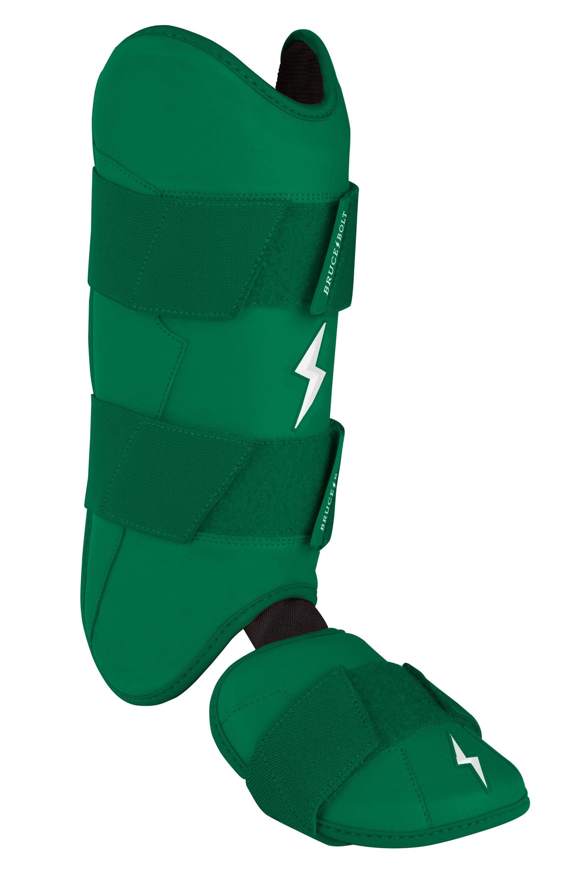 Green baseball leg and ankle guard with two straps and a white lightning bolt logo.