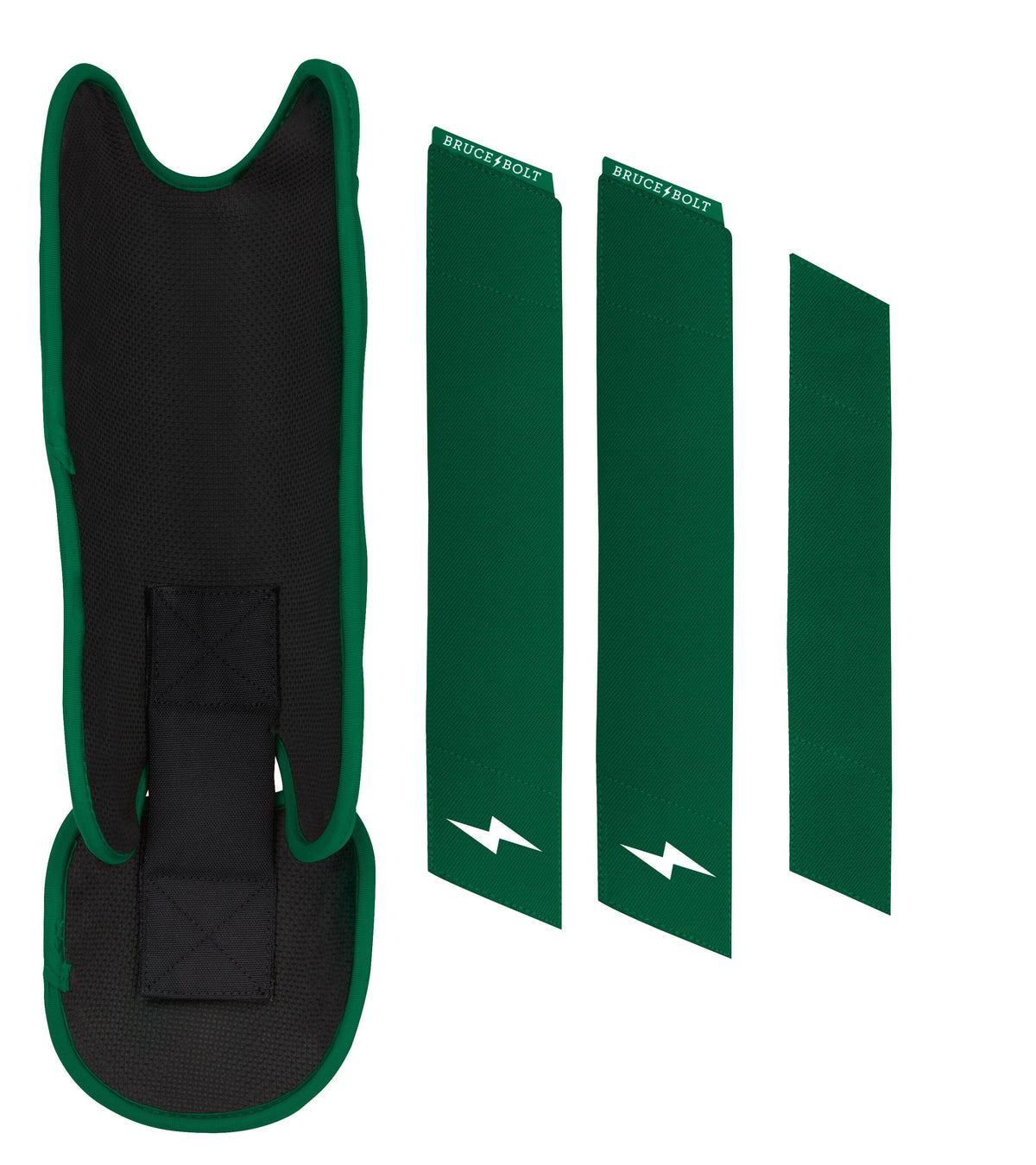 Green and black Bruce Bolt leg guard with three matching green straps.