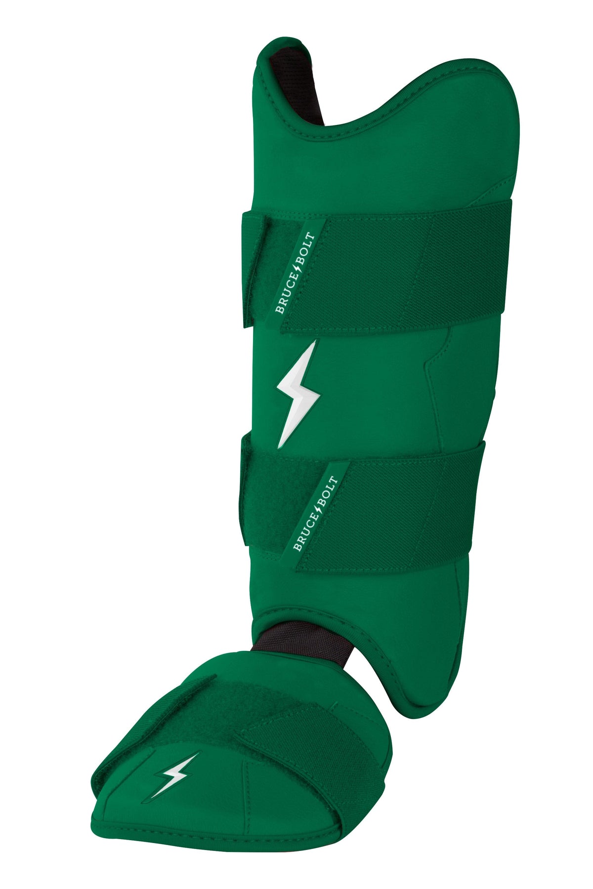 Green baseball leg and ankle guard with white lightning bolt logos and straps.