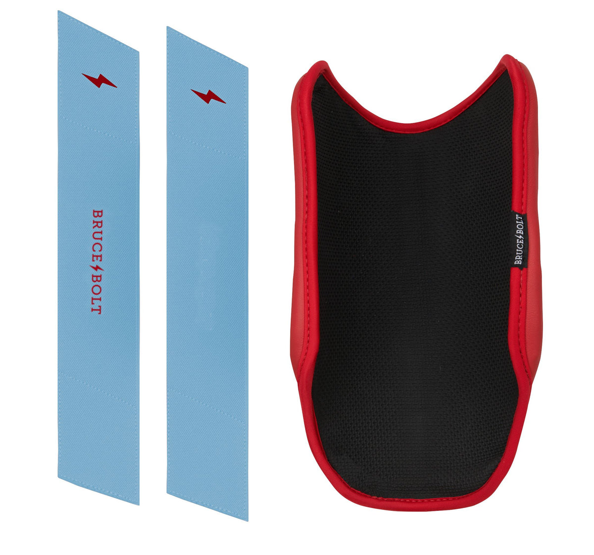 Baby blue and red elbow guard with two matching straps featuring Bruce Bolt branding.