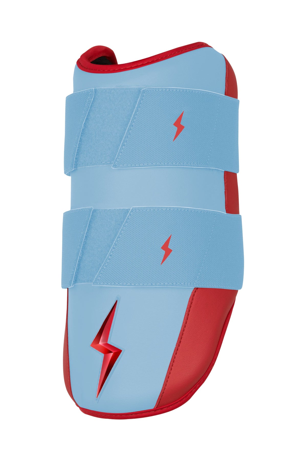 Baby blue and red baseball elbow guard with red lightning bolt logos and two straps.