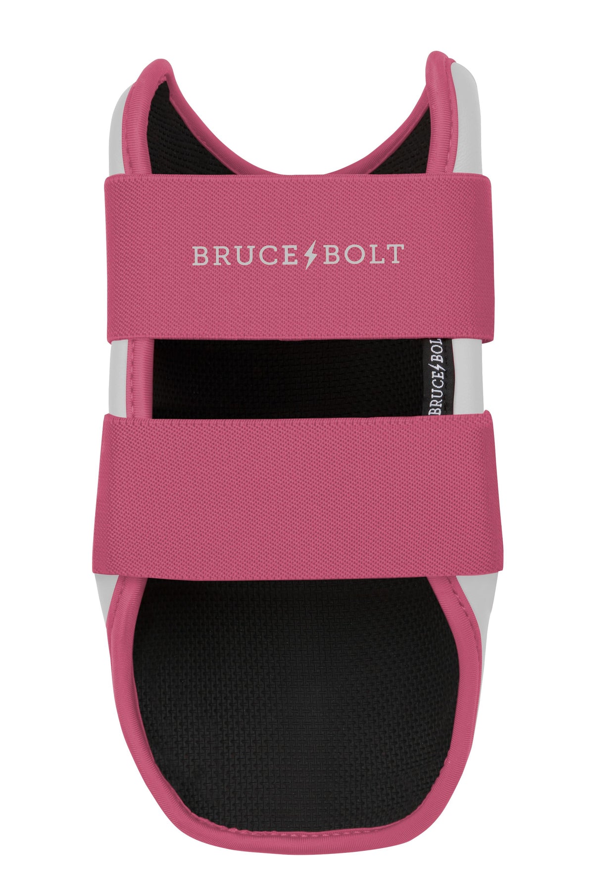Dusty pink and white Bruce Bolt elbow guard with two straps.