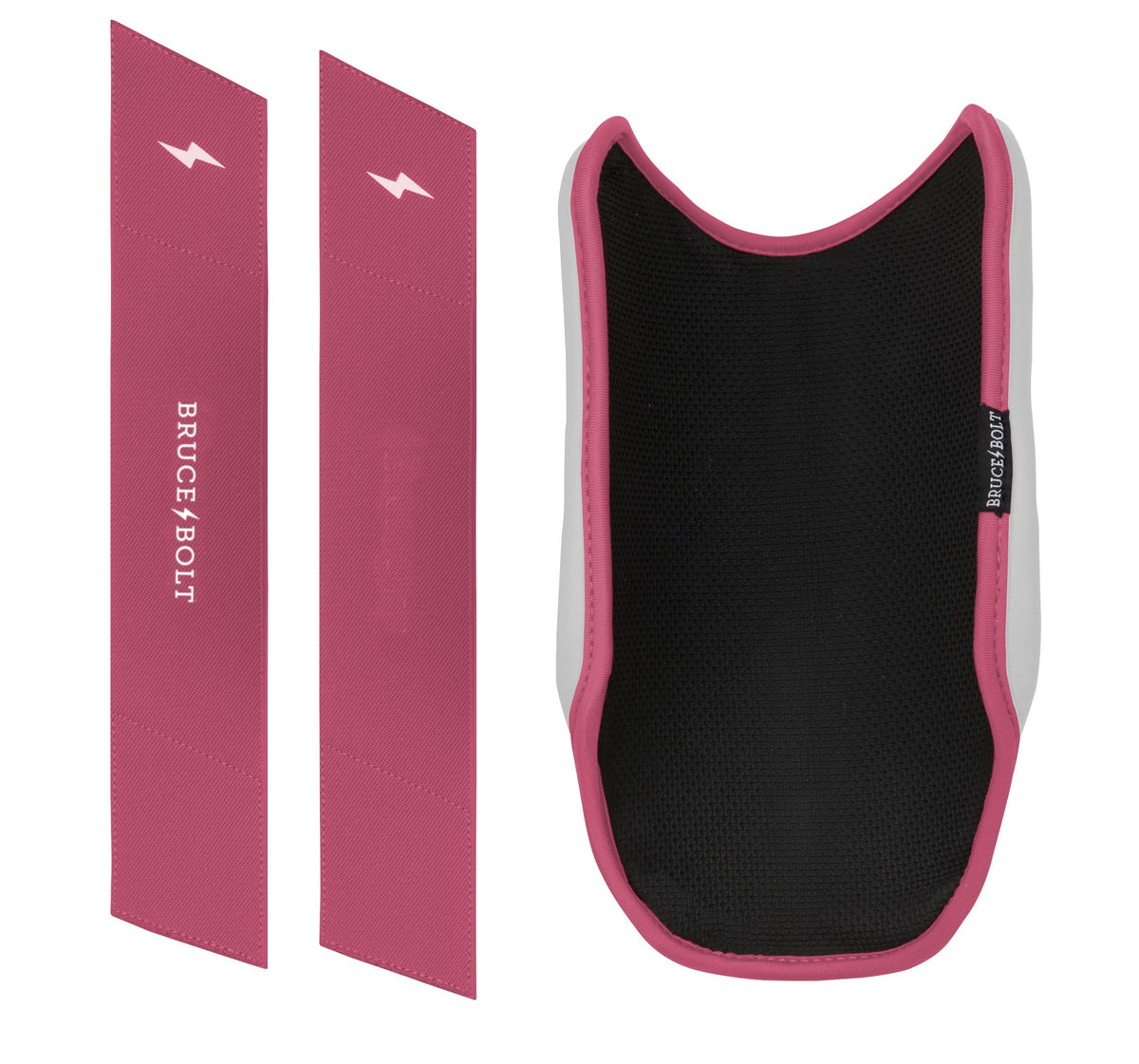 Dusty pink and black elbow guard with two matching straps featuring white lightning bolt logos.