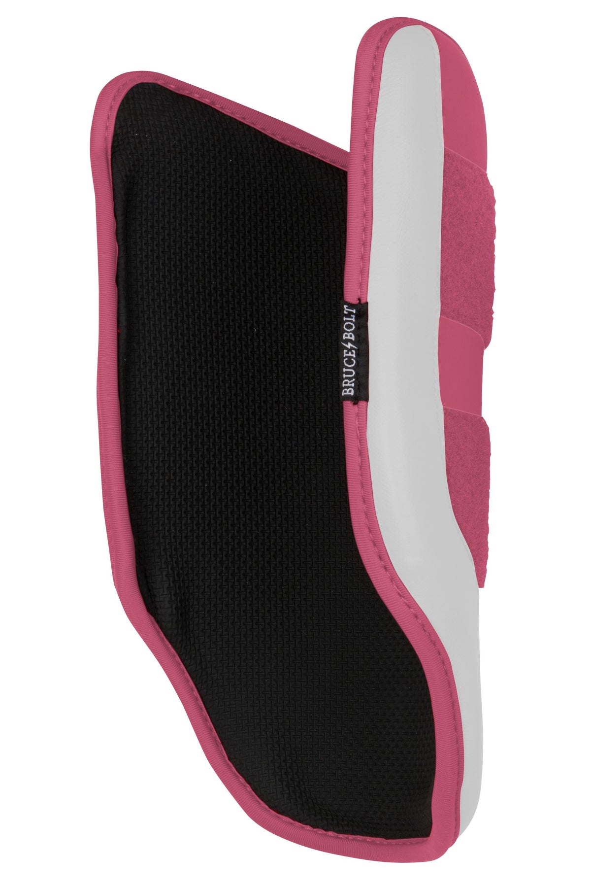 Dusty pink and white protective elbow guard with a black mesh interior and Bruce Bolt logo label