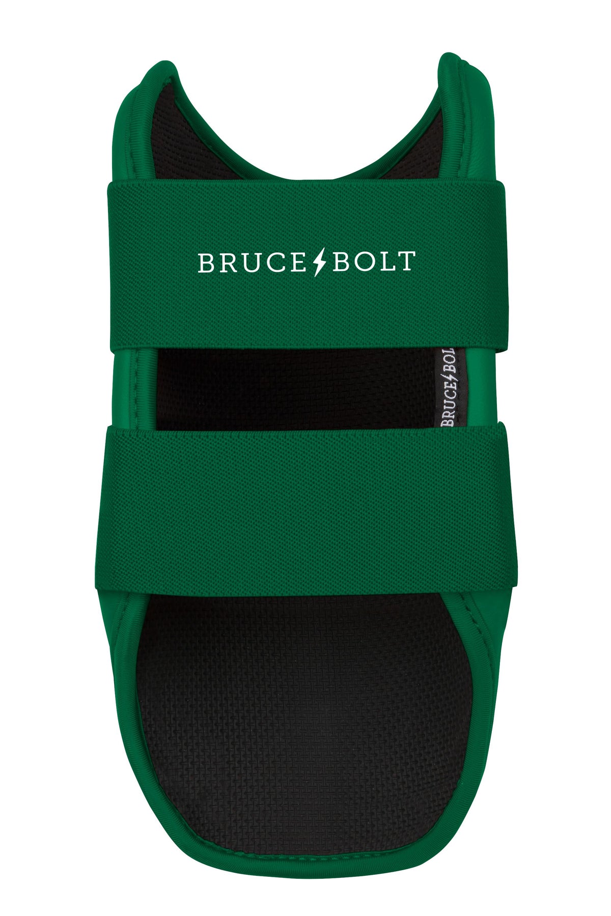 Green Bruce Bolt elbow guard with two elastic straps and white branding text