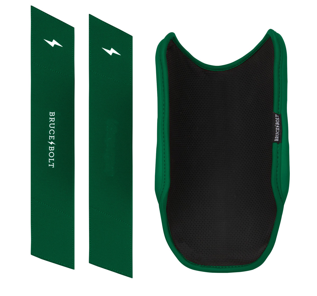 Green Bruce Bolt elbow guard with two matching green straps featuring white lightning bolt logos.