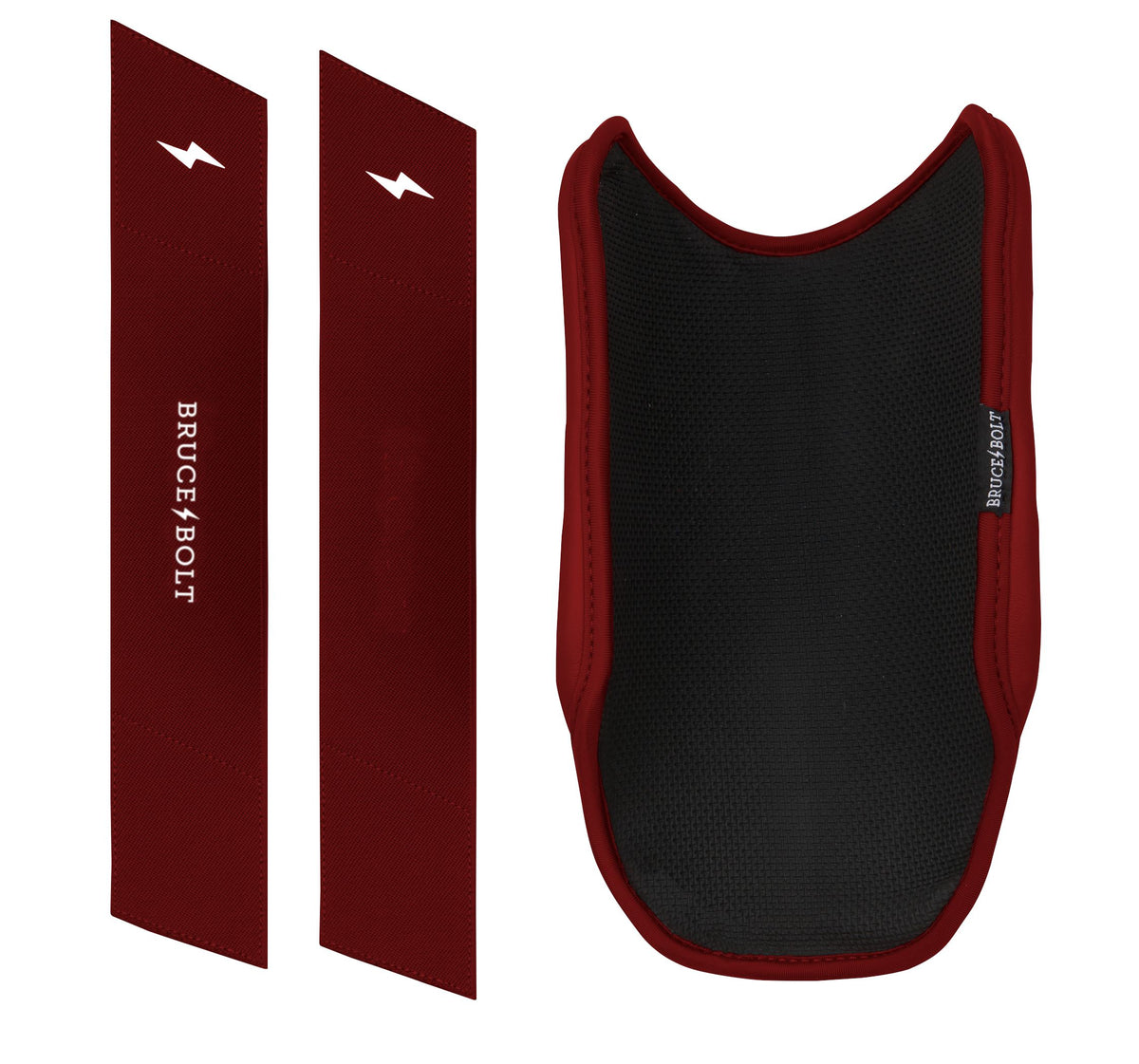 Maroon elbow guard with two matching straps featuring white lightning bolt logos and Bruce Bolt branding.