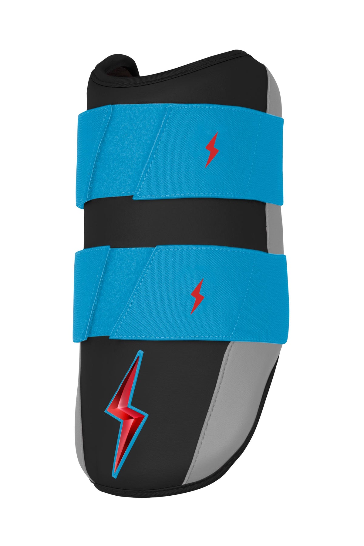 Black, gray, and bright blue baseball elbow guard with red lightning bolt logos.