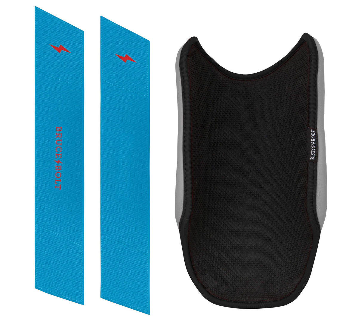 Bruce Bolt elbow guard in black and grey with two blue straps featuring red lightning bolt logos.