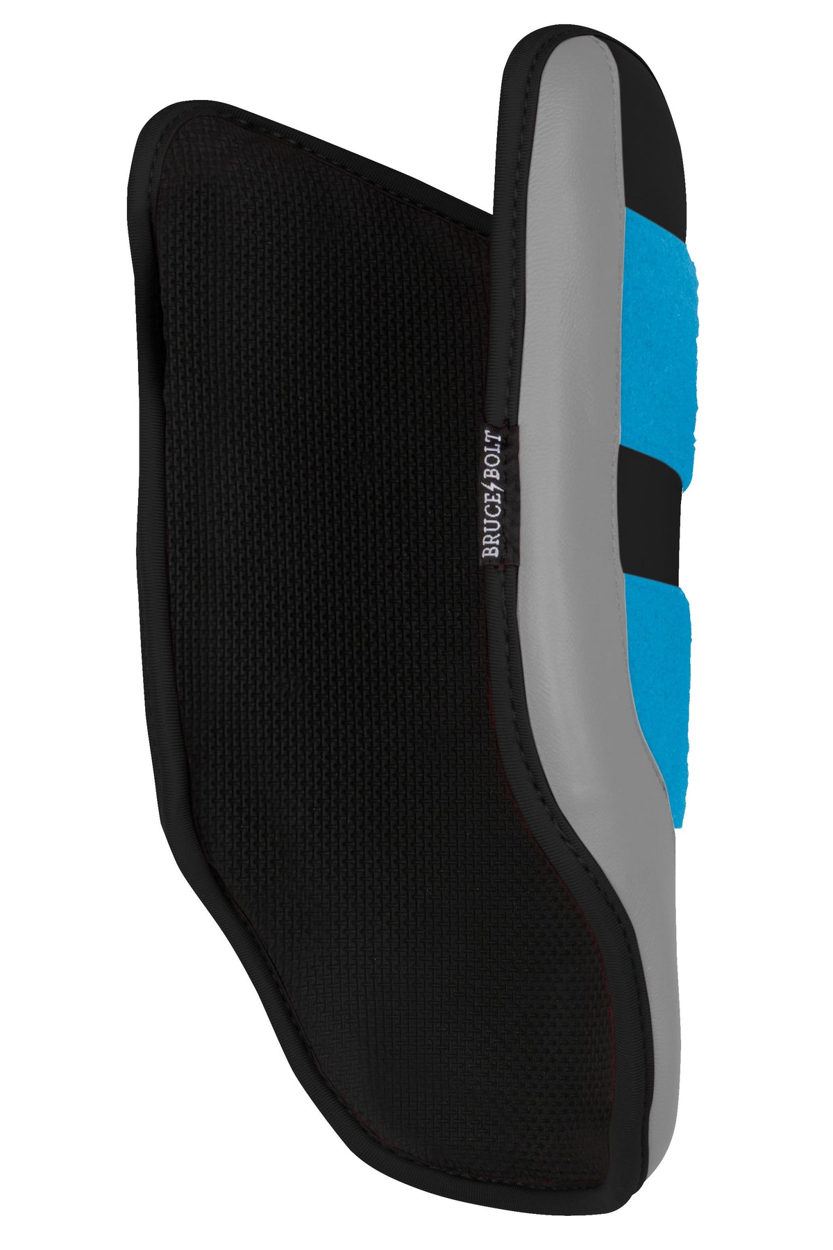 Black, grey, and blue Bruce Bolt elbow guard on a white background.
