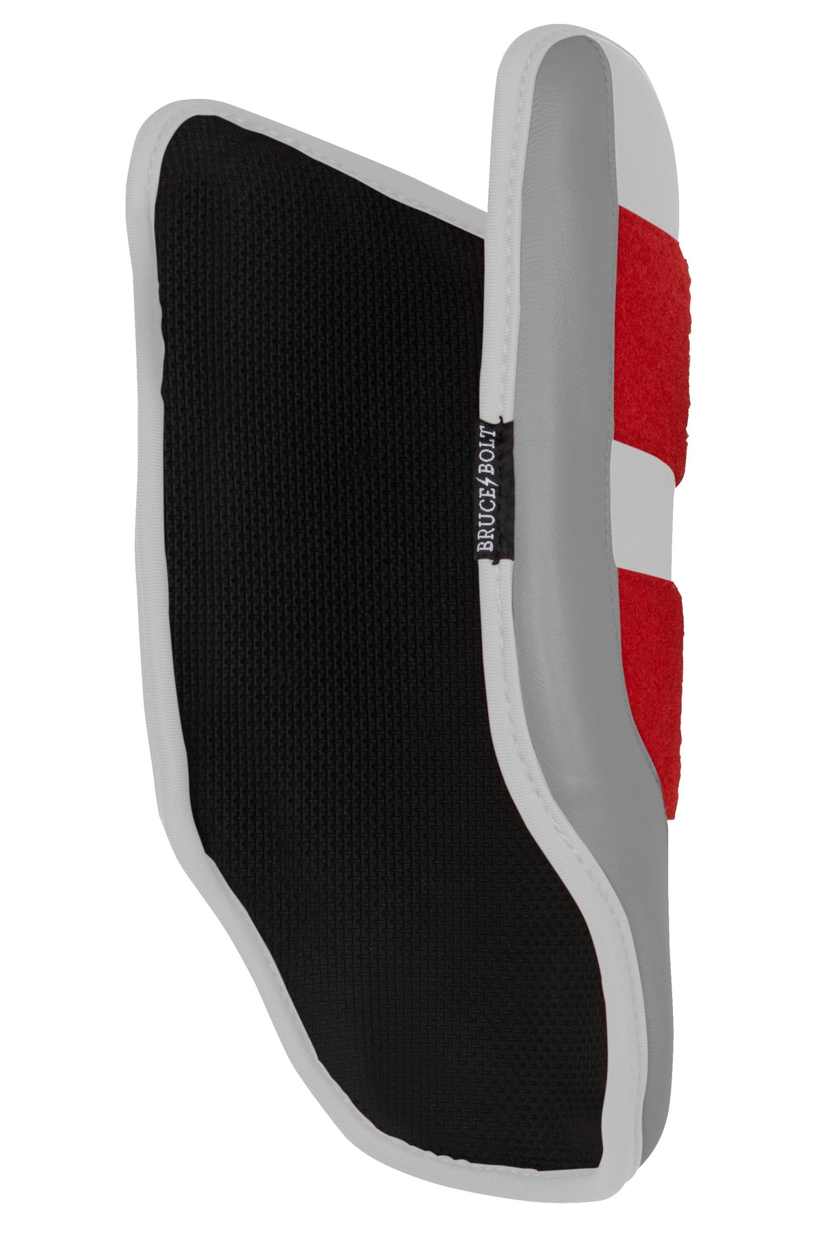 Bruce Bolt elbow guard in white, grey, and red with a black textured interior.