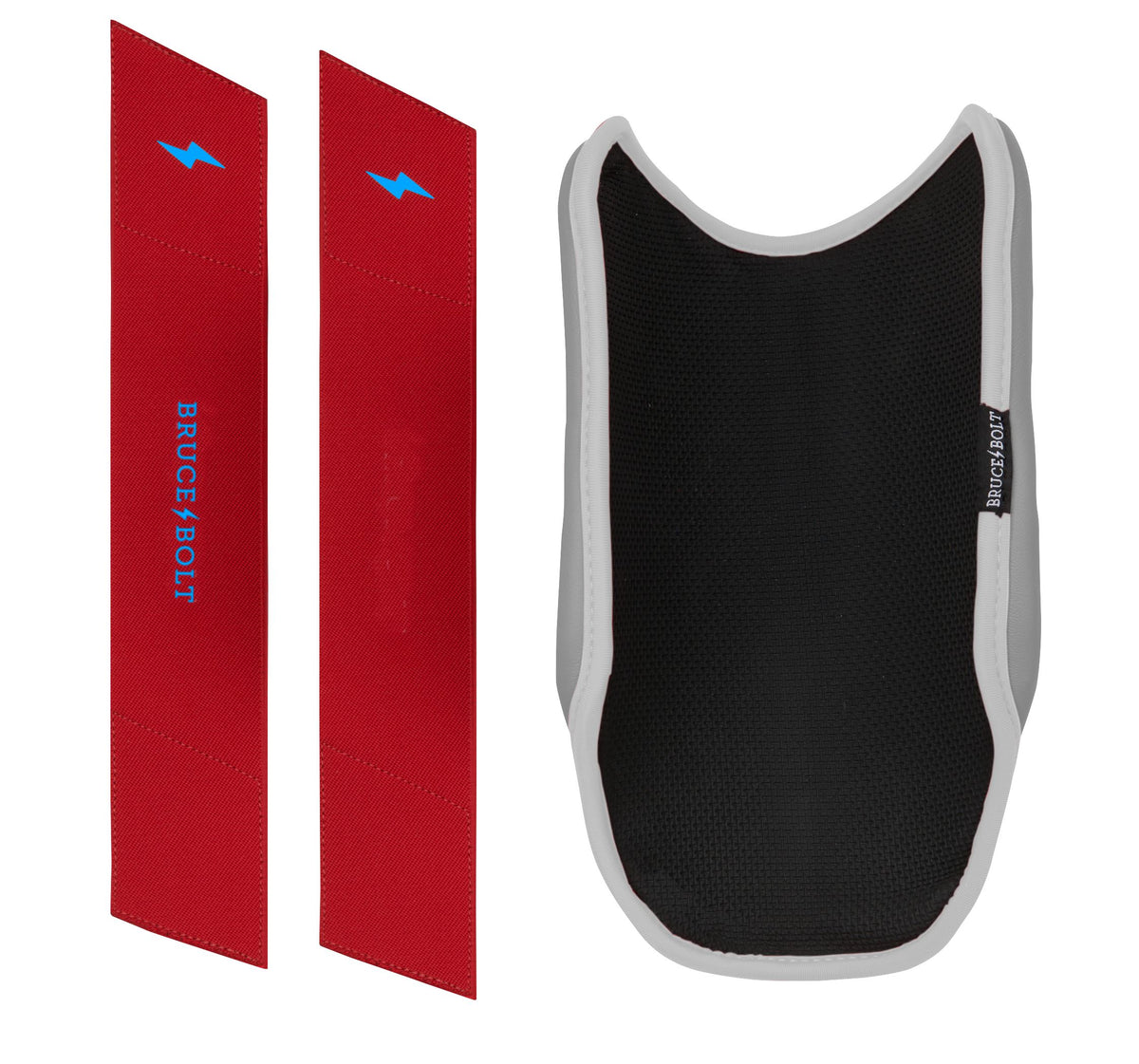 Bruce Bolt elbow guard in white and red with two red straps